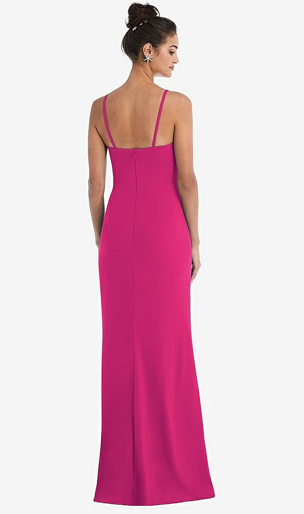 Back View - Think Pink Notch Crepe Trumpet Gown with Front Slit