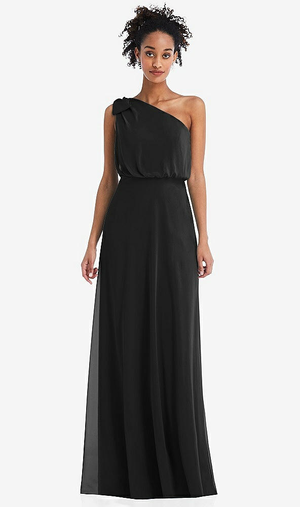 Front View - Black One-Shoulder Bow Blouson Bodice Maxi Dress