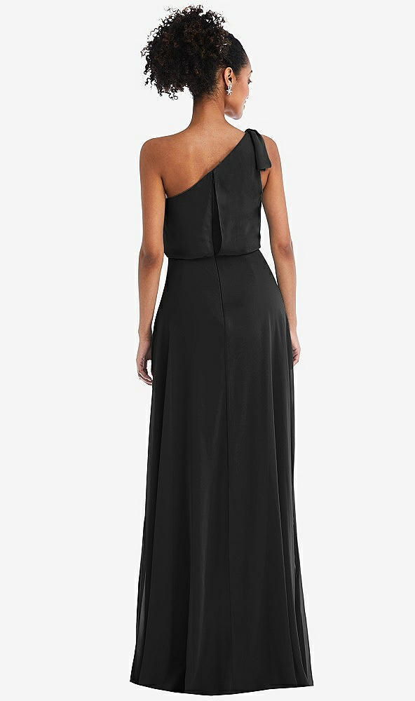 Back View - Black One-Shoulder Bow Blouson Bodice Maxi Dress