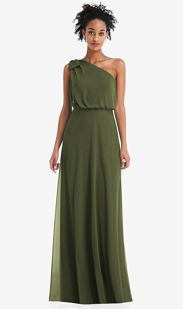 Front View - Olive Green One-Shoulder Bow Blouson Bodice Maxi Dress