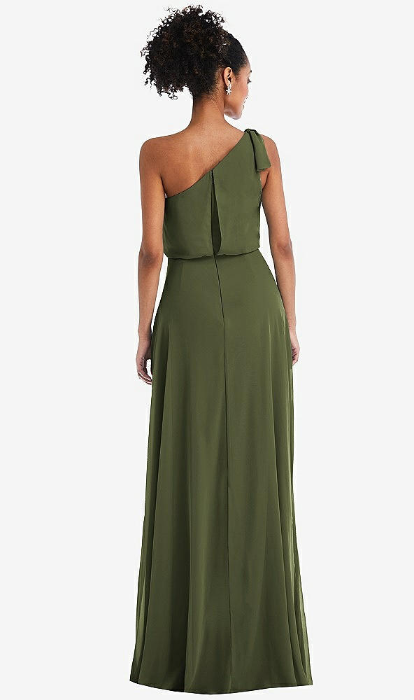 Back View - Olive Green One-Shoulder Bow Blouson Bodice Maxi Dress