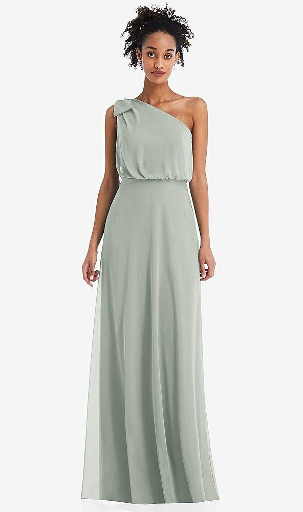 Front View - Willow Green One-Shoulder Bow Blouson Bodice Maxi Dress