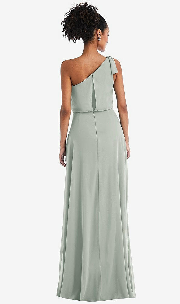 Back View - Willow Green One-Shoulder Bow Blouson Bodice Maxi Dress