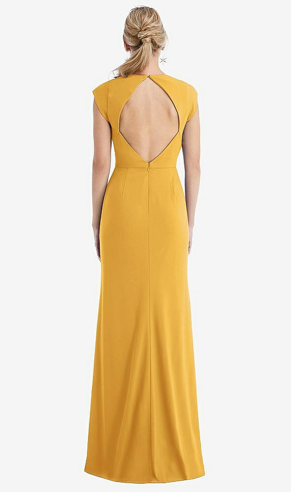 Back View - NYC Yellow Cap Sleeve Open-Back Trumpet Gown with Front Slit