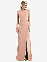 Front View Thumbnail - Pale Peach Cap Sleeve Open-Back Trumpet Gown with Front Slit