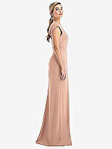 Side View Thumbnail - Pale Peach Cap Sleeve Open-Back Trumpet Gown with Front Slit