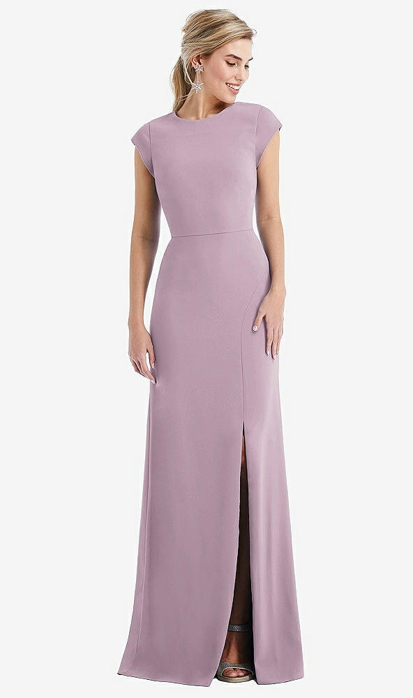 Front View - Suede Rose Cap Sleeve Open-Back Trumpet Gown with Front Slit