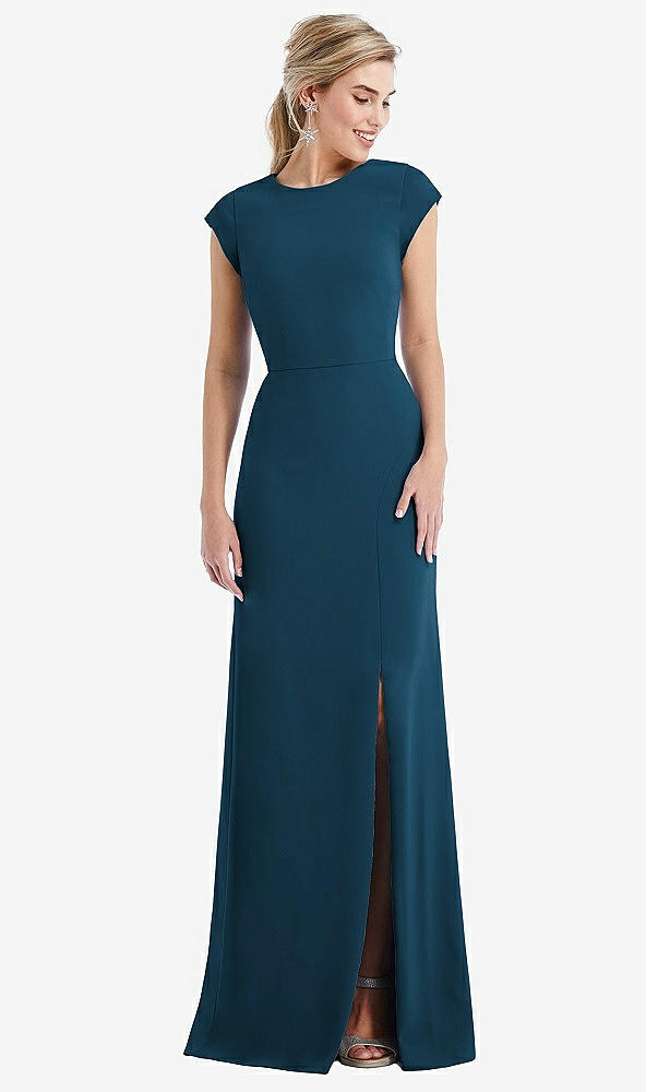 Front View - Atlantic Blue Cap Sleeve Open-Back Trumpet Gown with Front Slit