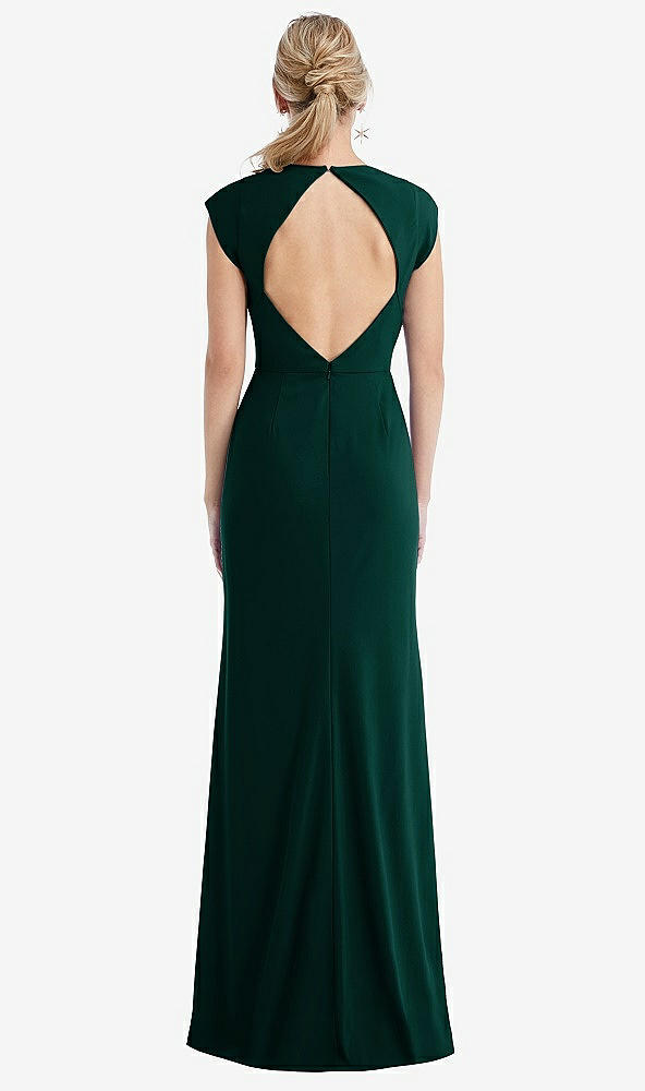 Back View - Evergreen Cap Sleeve Open-Back Trumpet Gown with Front Slit