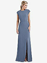 Front View Thumbnail - Larkspur Blue Cap Sleeve Open-Back Trumpet Gown with Front Slit