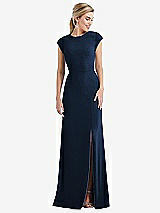 Front View Thumbnail - Midnight Navy Cap Sleeve Open-Back Trumpet Gown with Front Slit