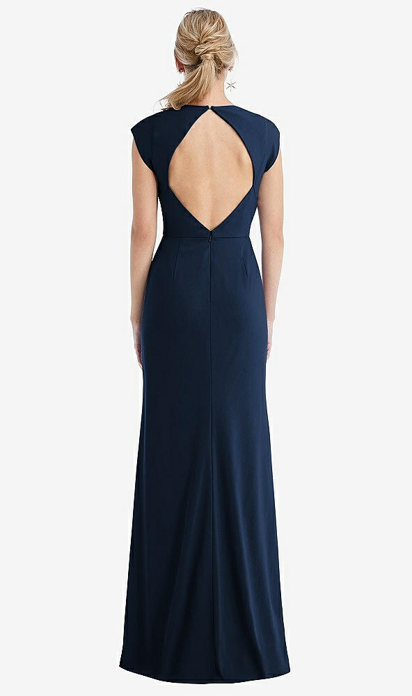 Back View - Midnight Navy Cap Sleeve Open-Back Trumpet Gown with Front Slit