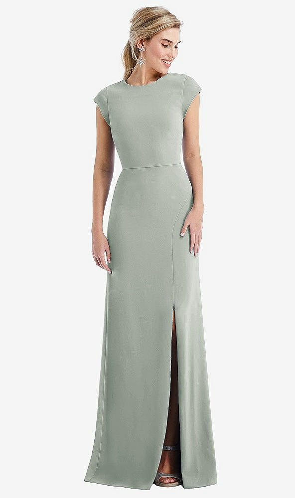 Front View - Willow Green Cap Sleeve Open-Back Trumpet Gown with Front Slit