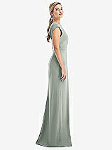 Side View Thumbnail - Willow Green Cap Sleeve Open-Back Trumpet Gown with Front Slit