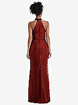 Rear View Thumbnail - Burgundy Stand Collar Halter Sequin Trumpet Gown