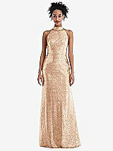 Front View Thumbnail - Rose Gold Stand Collar Halter Sequin Trumpet Gown
