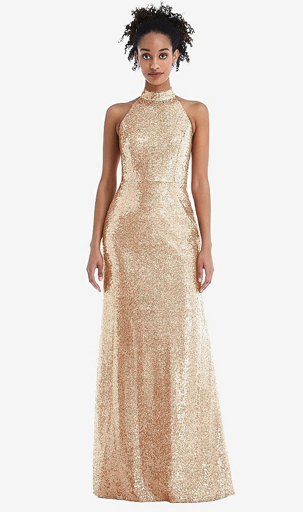 Front View - Rose Gold Stand Collar Halter Sequin Trumpet Gown