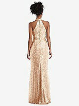 Rear View Thumbnail - Rose Gold Stand Collar Halter Sequin Trumpet Gown