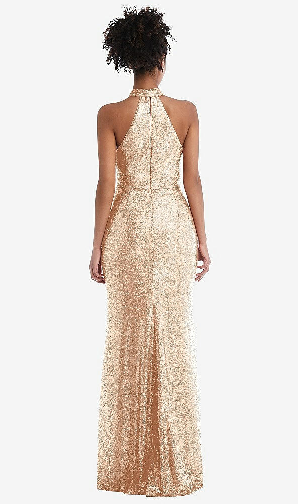 Back View - Rose Gold Stand Collar Halter Sequin Trumpet Gown