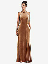 Front View Thumbnail - Golden Almond High-Neck Halter Velvet Maxi Dress with Front Slit