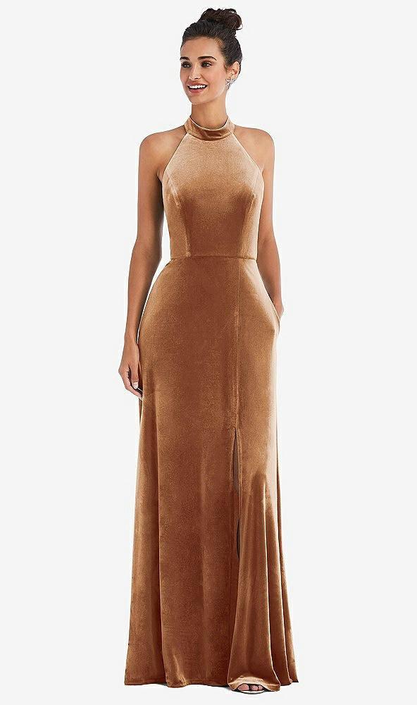 Front View - Golden Almond High-Neck Halter Velvet Maxi Dress with Front Slit