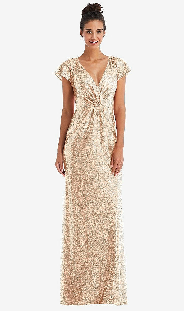 Front View - Rose Gold Cap Sleeve Wrap Bodice Sequin Maxi Dress