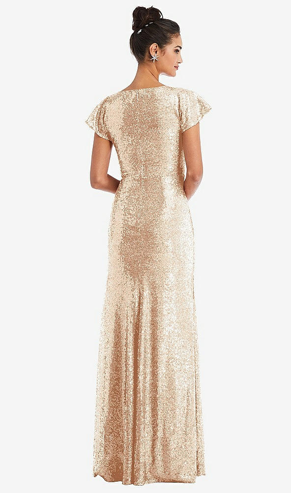 Back View - Rose Gold Cap Sleeve Wrap Bodice Sequin Maxi Dress