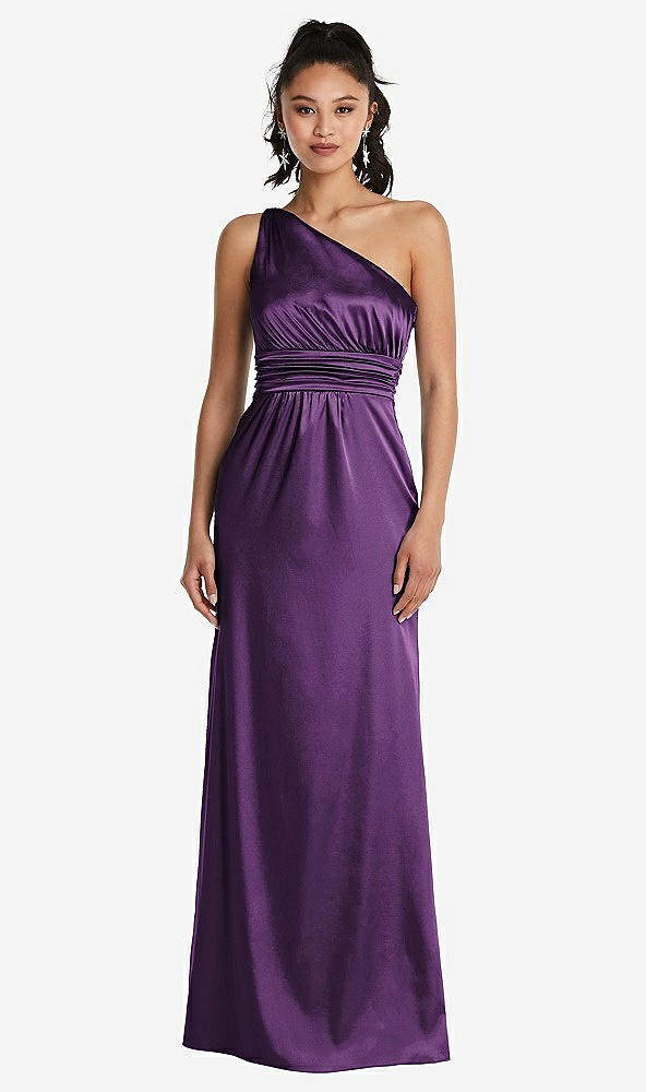 Front View - African Violet One-Shoulder Draped Satin Maxi Dress