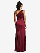 Rear View Thumbnail - Burgundy One-Shoulder Draped Satin Maxi Dress