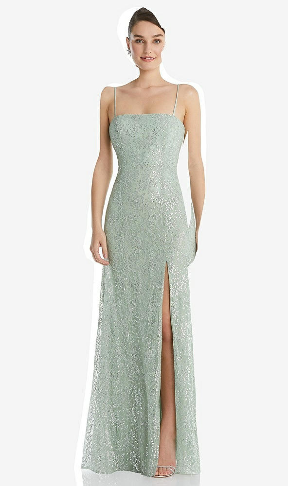 Front View - Celadon Metallic Lace Trumpet Dress with Adjustable Spaghetti Straps