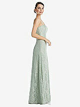 Side View Thumbnail - Celadon Metallic Lace Trumpet Dress with Adjustable Spaghetti Straps
