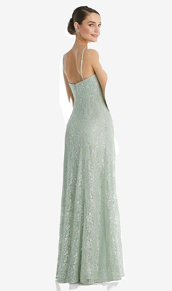 Back View - Celadon Metallic Lace Trumpet Dress with Adjustable Spaghetti Straps
