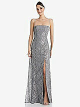 Front View Thumbnail - Platinum Metallic Lace Trumpet Dress with Adjustable Spaghetti Straps