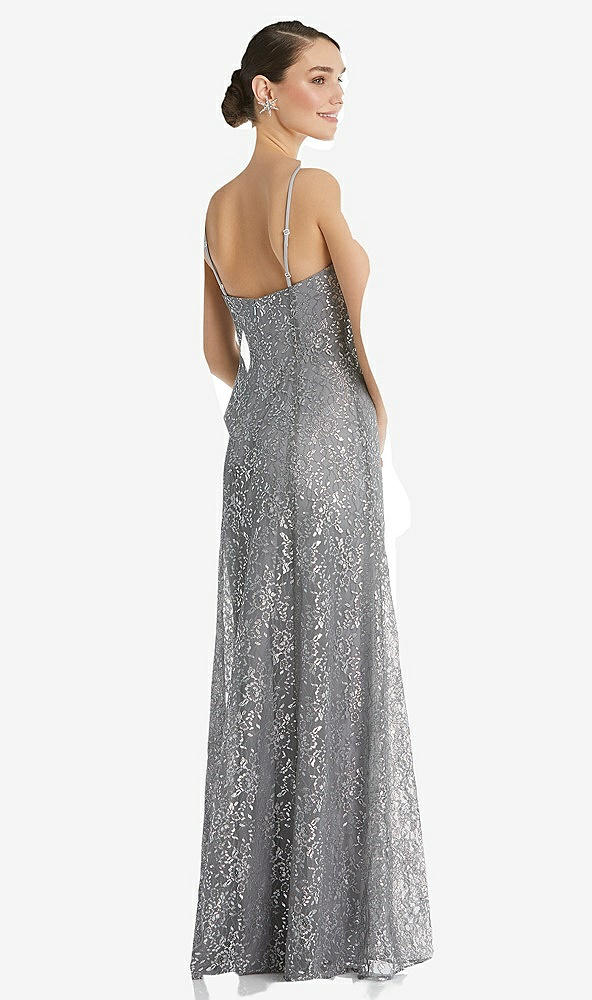 Back View - Platinum Metallic Lace Trumpet Dress with Adjustable Spaghetti Straps