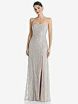 Front View Thumbnail - Taupe Metallic Lace Trumpet Dress with Adjustable Spaghetti Straps