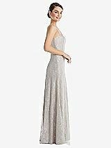 Side View Thumbnail - Taupe Metallic Lace Trumpet Dress with Adjustable Spaghetti Straps