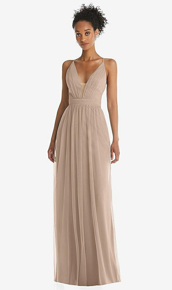 Front View - Topaz & Light Nude Illusion Deep V-Neck Tulle Maxi Dress with Adjustable Straps