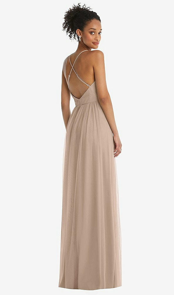 Back View - Topaz & Light Nude Illusion Deep V-Neck Tulle Maxi Dress with Adjustable Straps