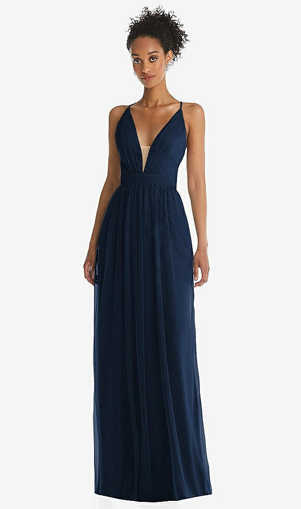 Front View - Midnight Navy & Light Nude Illusion Deep V-Neck Tulle Maxi Dress with Adjustable Straps