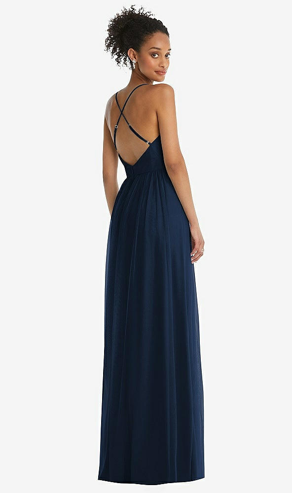 Back View - Midnight Navy & Light Nude Illusion Deep V-Neck Tulle Maxi Dress with Adjustable Straps