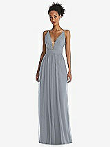 Front View Thumbnail - Platinum & Light Nude Illusion Deep V-Neck Tulle Maxi Dress with Adjustable Straps