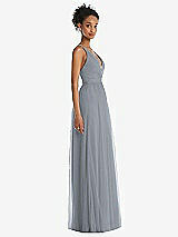 Side View Thumbnail - Platinum & Light Nude Illusion Deep V-Neck Tulle Maxi Dress with Adjustable Straps