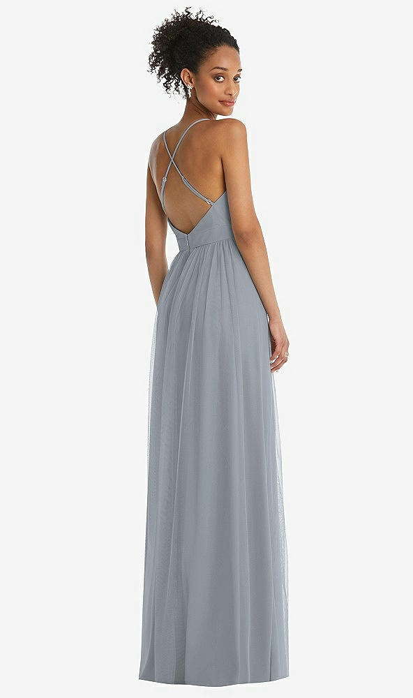 Back View - Platinum & Light Nude Illusion Deep V-Neck Tulle Maxi Dress with Adjustable Straps