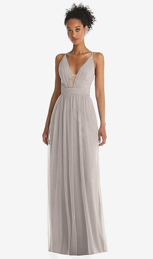 Front View - Taupe & Light Nude Illusion Deep V-Neck Tulle Maxi Dress with Adjustable Straps