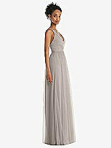 Side View Thumbnail - Taupe & Light Nude Illusion Deep V-Neck Tulle Maxi Dress with Adjustable Straps