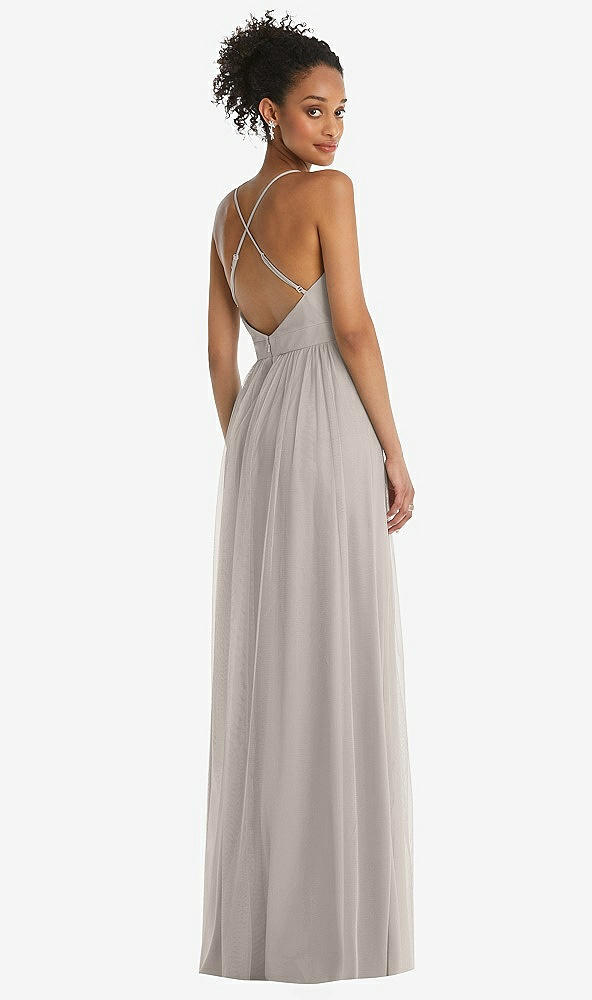 Back View - Taupe & Light Nude Illusion Deep V-Neck Tulle Maxi Dress with Adjustable Straps