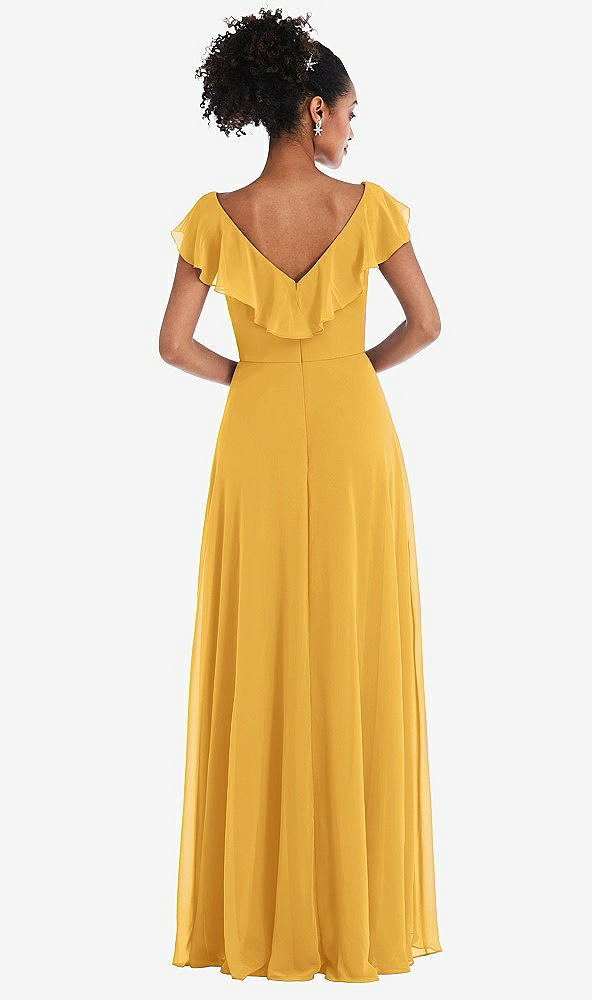Back View - NYC Yellow Ruffle-Trimmed V-Back Chiffon Maxi Dress