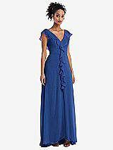 Front View Thumbnail - Classic Blue Ruffle-Trimmed V-Back Chiffon Maxi Dress