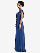 Side View Thumbnail - Classic Blue Ruffle-Trimmed V-Back Chiffon Maxi Dress