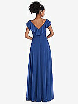 Rear View Thumbnail - Classic Blue Ruffle-Trimmed V-Back Chiffon Maxi Dress